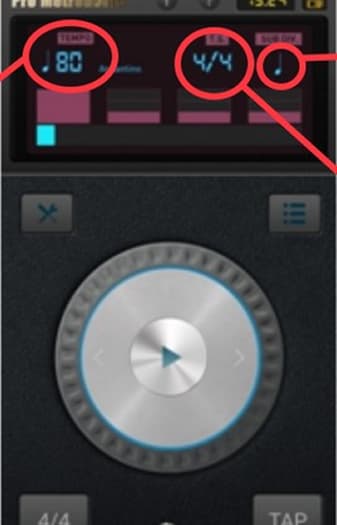 Example of settings in a metronome app: 80 beats per minute, 2/4 time, one beat equals a quarter note