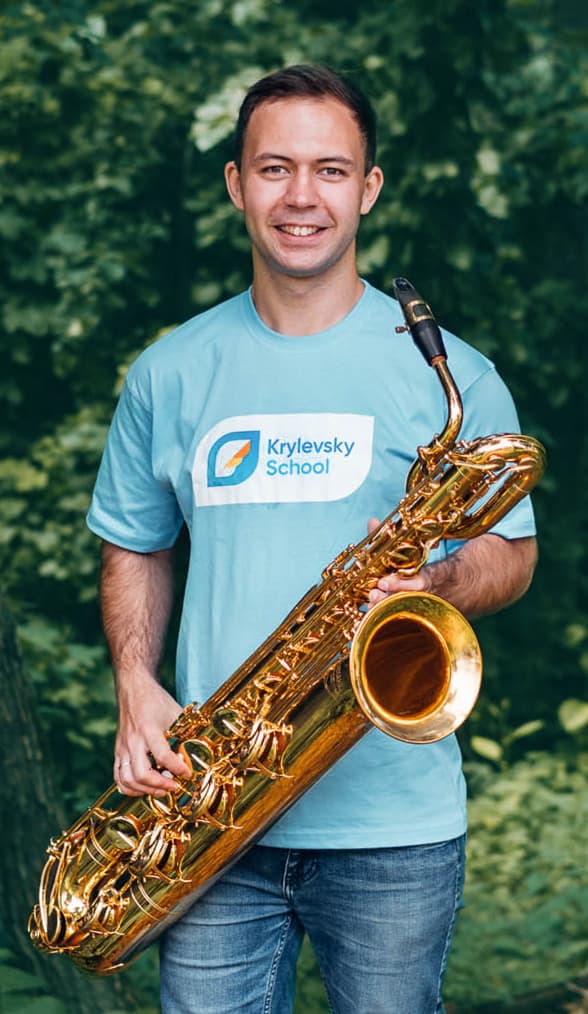Course author with a saxophone